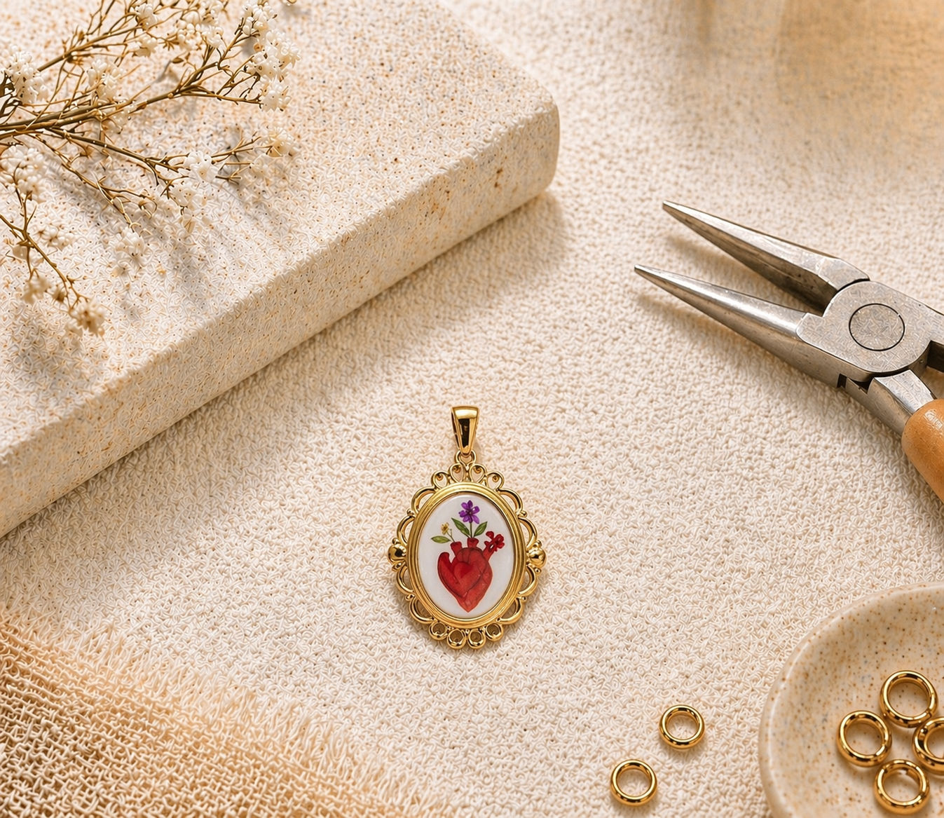 Ciondolo CUORE ANATOMICO E FIORI