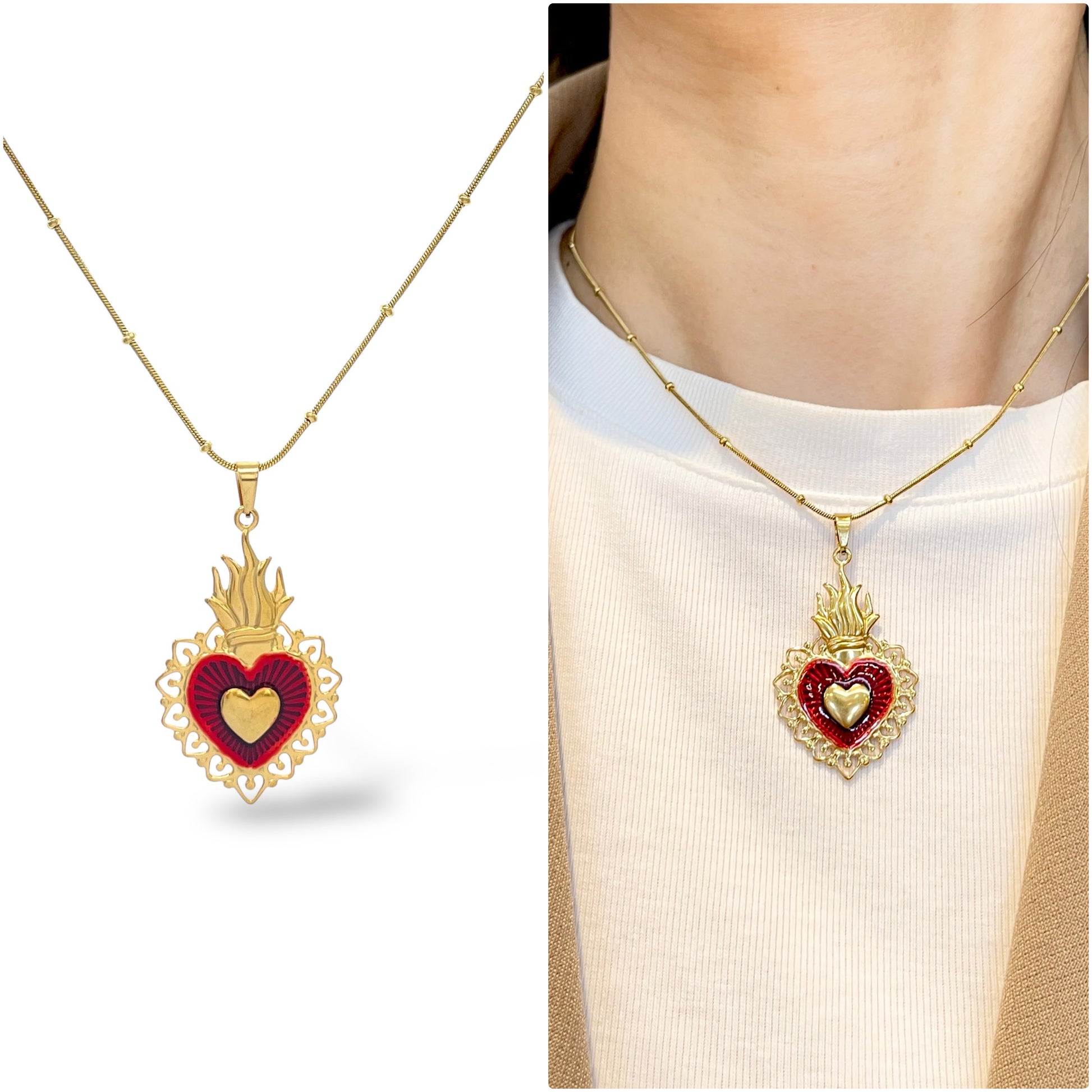 Collana Cuore Sacro Smaltato Doppio